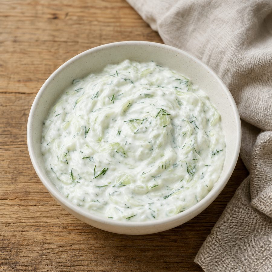 Thick tzatziki with cucumber and dill in a small bowl