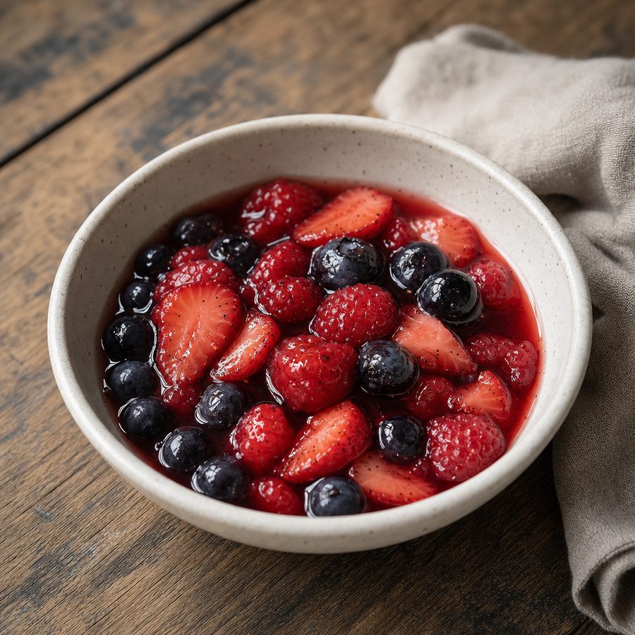 Small bowl of vanilla-poached berries in syrup