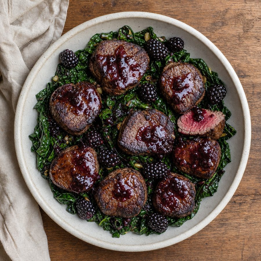 Seared venison medallions with blackberry sauce over wilted kale