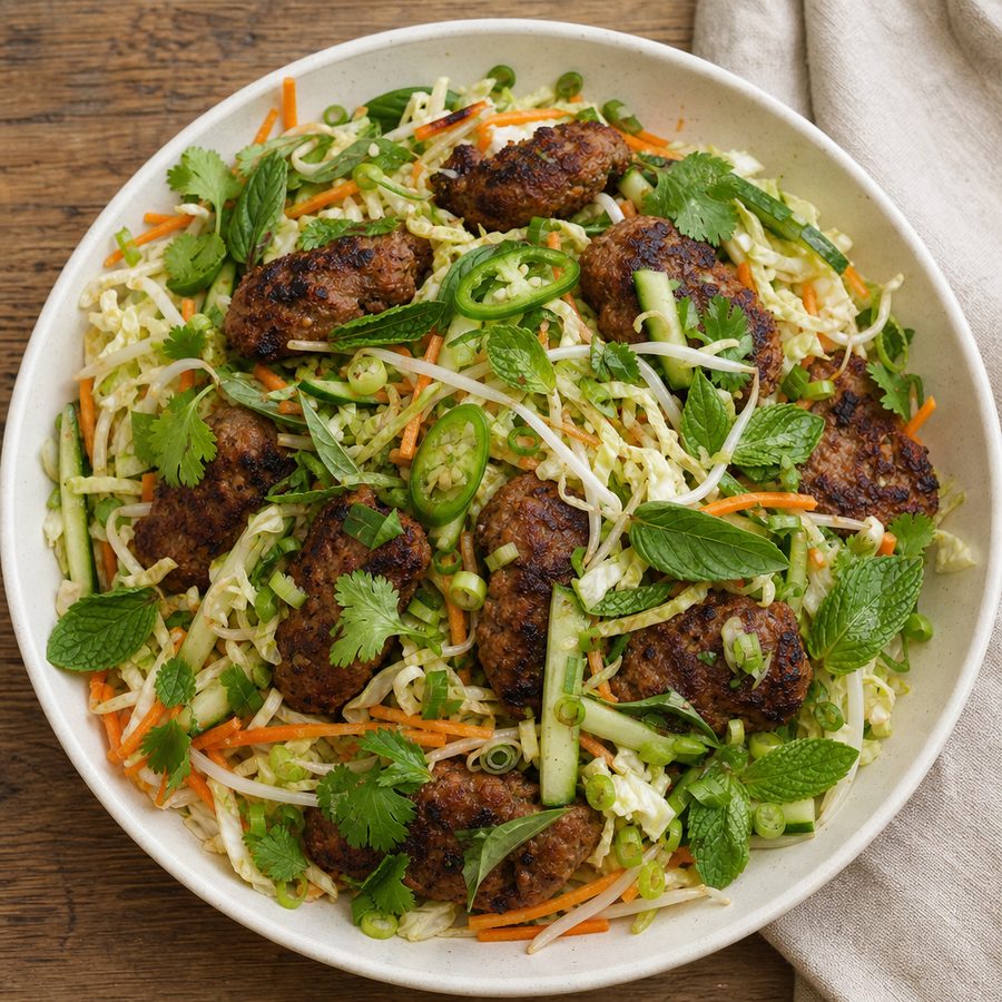 Lemongrass pork patties over a napa cabbage and herb salad