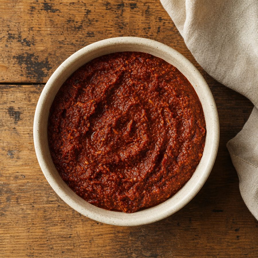 Brick-red vindaloo spice paste in a small bowl