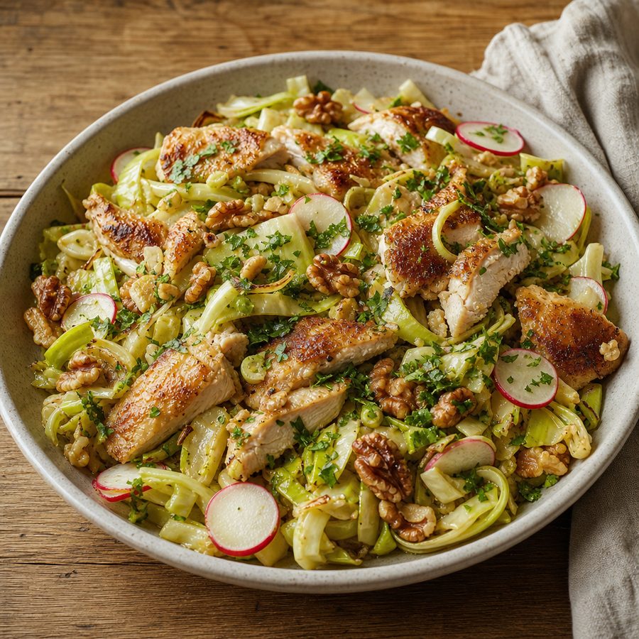 Warm chicken and cabbage bowl with radishes and walnuts