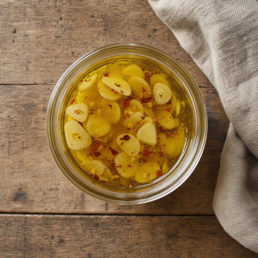 Small jar of warm olive oil dressing with sliced garlic