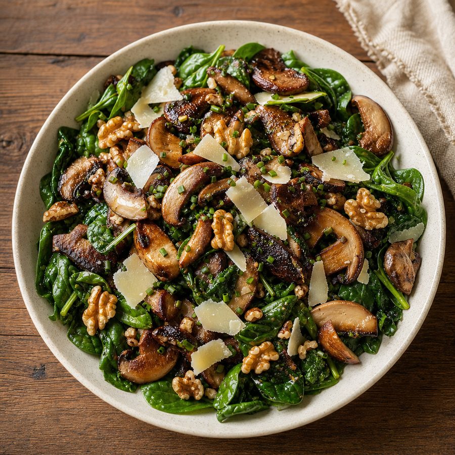 Warm mushroom and spinach salad with walnuts and shaved parmesan