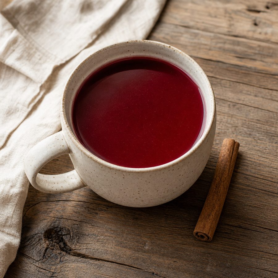 Mug of warm spiced tart cherry drink with a cinnamon stick