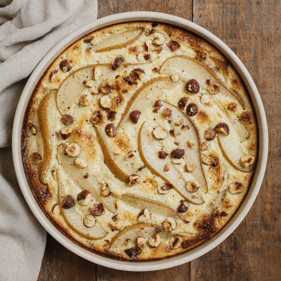 Warm vanilla pear yogurt bake with toasted hazelnuts