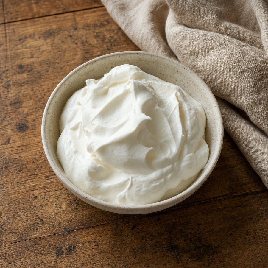 Bowl of softly whipped cream in billowy peaks