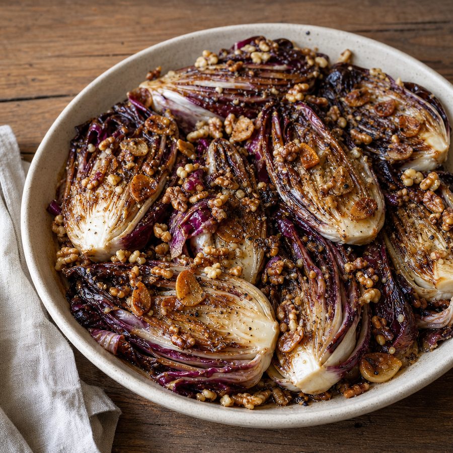 Wilted radicchio wedges with anchovy dressing and walnuts