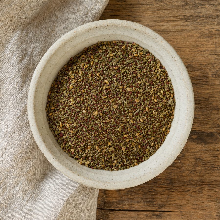 Small bowl of za'atar herb blend with sesame and sumac