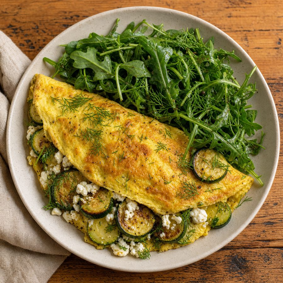 Zucchini, feta and dill omelet with arugula